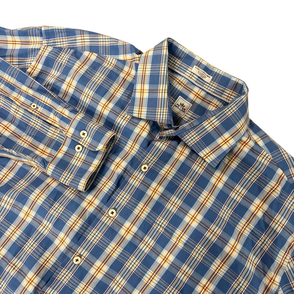 PETER MILLAR Mens 2XL Blue Orange Plaid Cotton Button Down‎ Shirt Long Sleeve